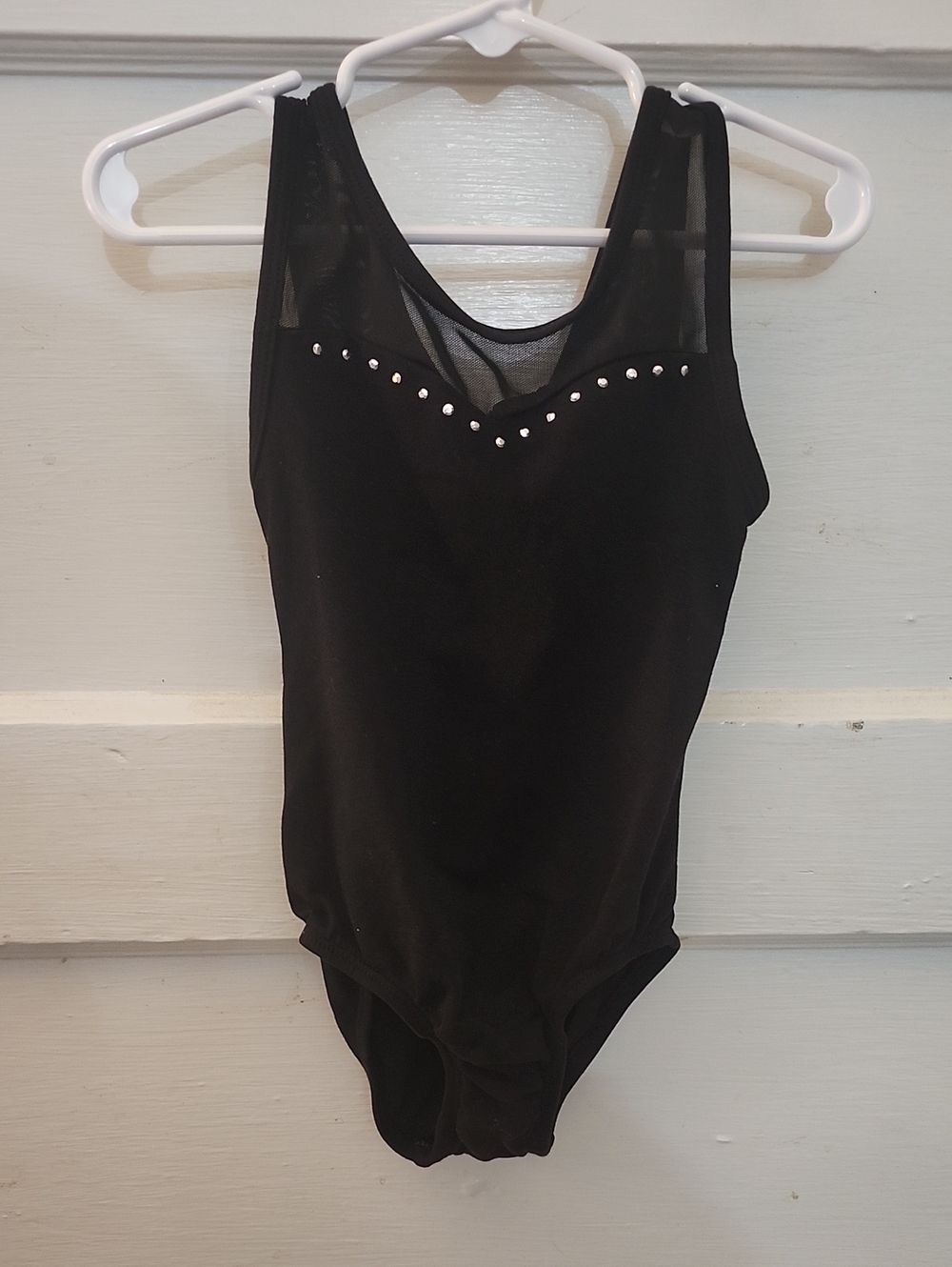 Black Sleeveless Rhinestone Leotard with Mesh Yoke